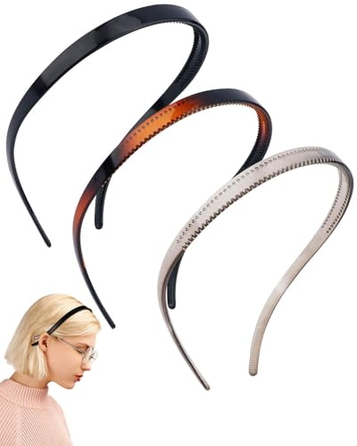 HUVZOR Paquete de 3 diademas antidolor, flexibles y sin presión, para personas con gafas, finas para mujer, con dientes antideslizantes.（Negro brillante + carey brillante + gris brillante）