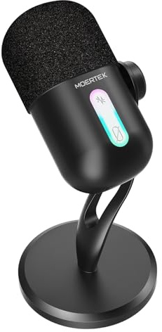 MOERTEK USB Microphone for PC, Cardioid Condenser Microphone with Active Noise Cancellation, Quick Mute, Built-in Headphone Jack, Gaming Mic with Table Stand, for Live Streaming, Instruments, Podcast