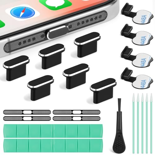 AXFEE USB C dammpluggar, 21 st rengöringssats för telefonport, USB C-portskydd | Typ C dammskyddskåpa med rengöringsborste, dammtäta nätklistermärken, rengöringsputt, för telefon 17/16/15 tillbehör