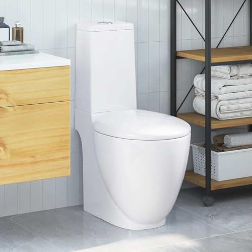 Toilette en céramique blanche avec écoulement arrière, double chasse 3/6L, siège à fermeture douce et réservoir intégré, design contemporain pour salle de bain.