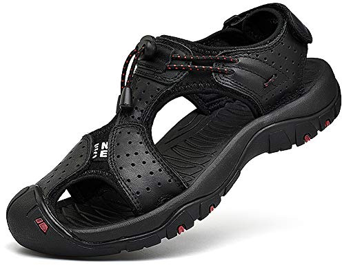 rismart Men's Closed Toe Hiking Sandals Adjustable Hook & Loop Straps Suede Leather Outdoor Summer Walking Trekking Shoes Black, 8.5