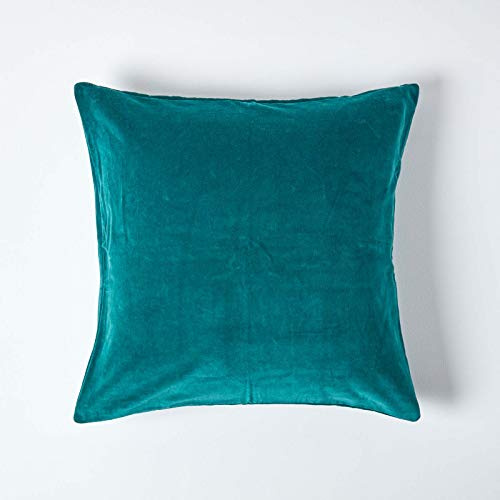 HOMESCAPES Emerald Teal Green Velvet Cushion Cover Super Soft Cotton Velvet Square Scatter Cushion Plain Dark Green Accent Throw Pillow for Sofa and Bed Decoration with Hidden Zipper, 60x60cm