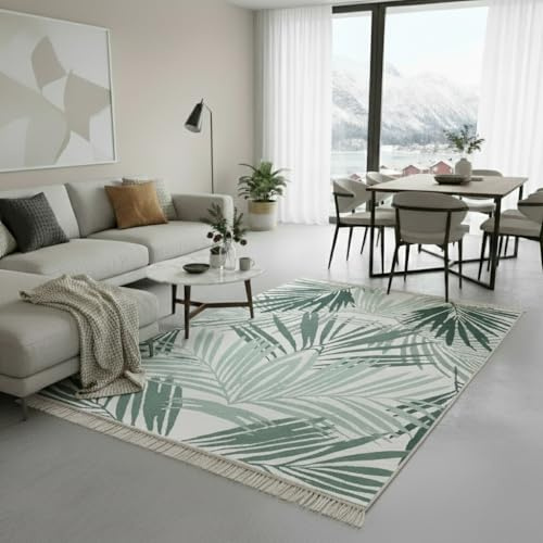 Fashion4Home Teppich Läufer - Tepiche für Wohnzimmer, Schlafzimmer, Küche, Kinderzimmer, Badezimmer - Boho Kelim - Läufer Flur, Palm-Grün-Weiß, Größe: 50x80 cm