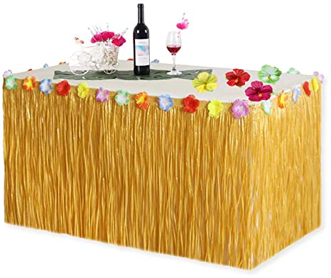 VIKSAUN Hawaïenne Table Jupe, Hawaiian Hibiscus Herbe Jupe de Table, avec Fleurs d'hibiscus en Soie de Décoration, pour BBQ Tropical Garden Beach Summer décorations de fête à thème hawaïenne