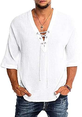 YAOBAOLE Chemise Lin Homme Manches 3/4 Slim Fit Chemises Casual Homme Casual Plage Chemise Traditionnelle Unicolore Hommes Blanc L