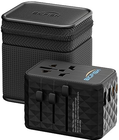 Bigfish Universal Travel Adapter WorldWide with 65W USB C PD Fast Charging, featuring 4USB(2A+2C) ports, and Dual 10A Fuses,All-in-One international design supports EU, UK, US, and AUS plugs