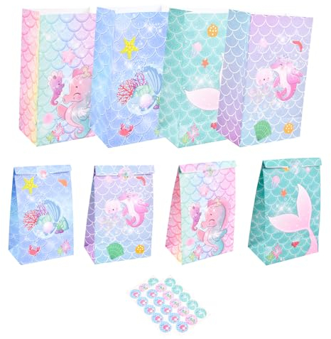 Volumoon Papiertüten Klein, 4 Stile 20 Stück Kinder Geschenktüten mit 30 Aufkleber, Mitgebsel Tüten Partytüten Meerjungfrau Candy Tüten zum Mitgebsel Kindergeburtstag Mädchen, Giveaways, Hochzeit