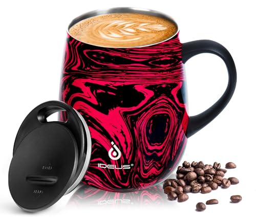 Ideus 16 oz Insulated Coffee Mug with Handle and Lid, Double Wall Stainless Steel Vacuum Insulated Tumbler Cup, Travel Coffee Cup Thermal Cup for Home Office (Red Zebra)