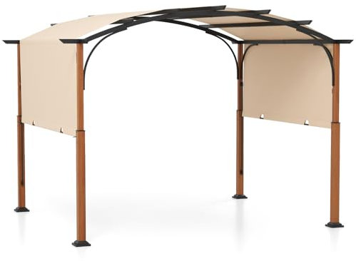 GYMAX Pergola Retrattileda Giardino 300 x 360 cm, Pergola da Patio ad Arco con e Tettuccio Retrattile e Tenda Parasole, 16 Chiodi per il Terreno Inclusi, Gazebo per Giardino, Cortile (Beige)