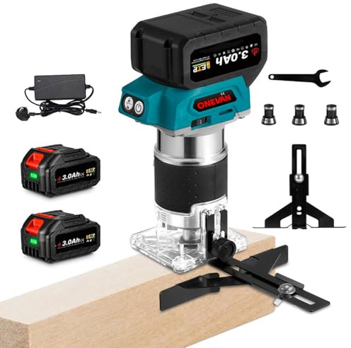 Cordless Power Router Woodworking - Palm Hand Routers, 5 Gear Speeds, Compatible with 3 Chuck Diameter 6 mm, 6.35 mm, 8 mm (Incl. 2 Batteries)