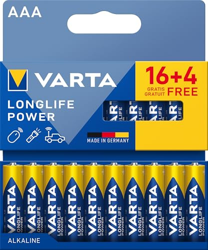 VARTA AA-batterier 20 stycken, Longlife Power, alkalisk, 1,5 V, perfekt för leksaker, radiomus, ficklampor, plastfri förpackning, tillverkad i Tyskland