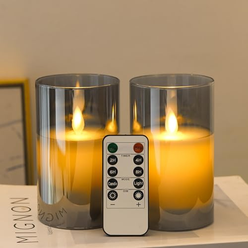FiiMoo 2 velas LED sin llama, con mando a distancia, funciona con pilas, velas para Navidad, fiestas, vacaciones, decoración de hotel, 12,5 cm, cristal gris