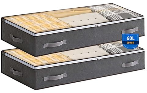 Boic 2 Pack Underbed Storage Bags 60L, Foldable Under Bed Storage Boxes With Lids, Underbed Storage With Reinforced Handle, Clothing Storage Bags For Clothes, Comforters, Blankets & Bedding