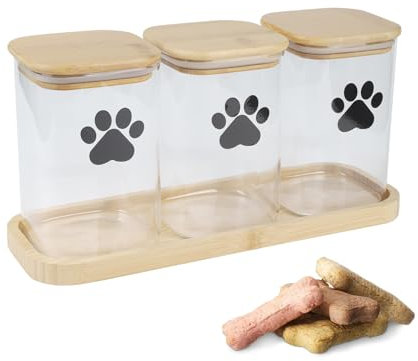 Ctomche Dog Treat Jar Set of 3,Glass Container Airtight Lid,Clear Pet Biscuit Treat Tin with Bamboo Lids and Tray for Dog Cat,Pet Food Tin,Food Storage Container Box for Biscuits