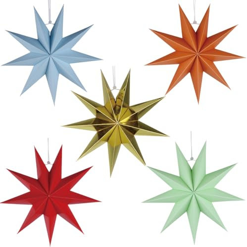 5Pack 9-Pointed Paper Star Lantern 11.8 inch Hanging Paper Lampshade for Winter Wonderland Xmas Day Decoration Wedding Birthday Party Home Decor (Multi-Colored)
