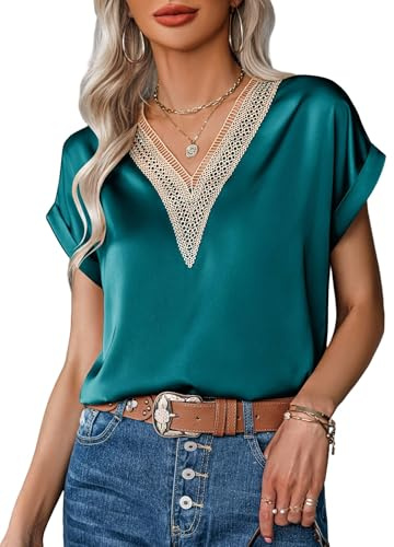 Zeagoo Camisa Mujer Satin Manga Corta Camiseta Blusa Mujer Verano Elegante 2025 Moda Bordado Encaje Top Turquesa XL