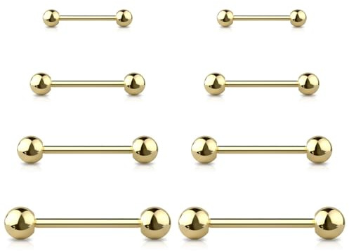Jewel Barrel 8pcs Tongue Bars & Straight Barbells | 14G (1.6mm) Piercing Jewellery for Tongue, Nipple, and Body Piercings | 10mm, 12mm, 14mm, 16mm Length with 3/4/5/ 6mm Ball Ends (Gold)