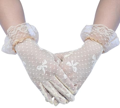 BrightGlow Damhandskar, korta eleganta handskar, näthandskar med rosett, vintage, operahandskar, teparty, näthandskar, spetshandskar för bröllop, Beige, One size