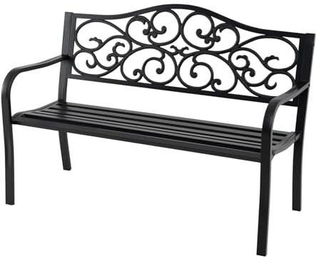 RELAX4LIFE Panchina da Esterno a 2-3 Posti, Panchina da Giardino a Doghe in Metallo con Schienale a Design Floreale e Braccioli Curvati, Panca per Cortile/Parco, Max 300 kg, 128x62x89cm (Modello 16)