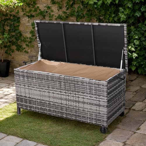 Club Rattan Outdoor Wicker Storage Box, Grey Rattan Deck Box with Lid, Waterproof Garden Cushion Container (Grey, 122x56x61 CM)