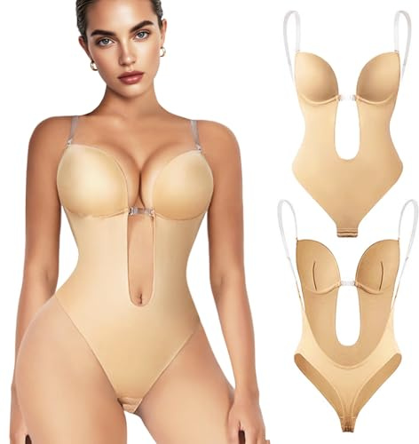 FUIPVGI Shapewear Bodysuit for Women Deep V-Neck Backless Body Bra, Women's Waist Tightening Clear Bra Straps Bodysuits for Party, Dress, Wedding, Homewear (Beige, M)