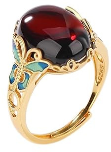 Bague ouverte réglable en argent sterling 925, polie et dorée, incrustée d'ambre rouge et d'émail, bijoux pour filles et femmes