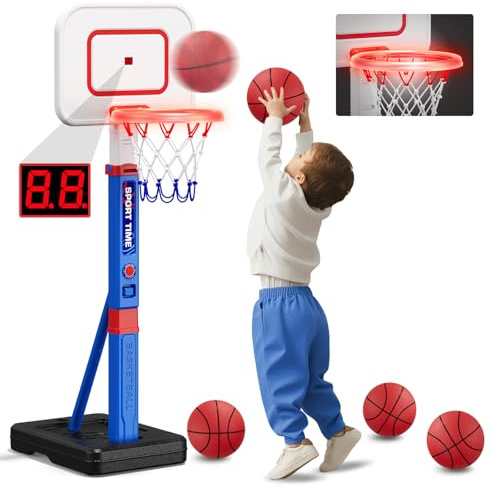 HYES Toddler Basketball Hoop with Scoreboard/LED Basketball Rim/4 Balls, 55 Height Adjustable Basketball Hoop for Kids 3-5, Indoor Outdoor Sport Toys Birthday Gifts for Baby Boys Girls