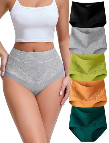 MISSWHO Cotton Underwear Women High Waisted Tummy Control Briefs C Section Postpartum Ladies Panties Large, 5 Packs