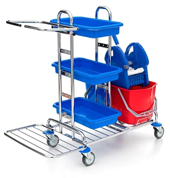 Wisch-Star Chrom Putzwagen Reinigungswagen mit Presse, 2X 17 Liter Eimer, 3X Ablagefächer und 120 Liter Müllsackhalterung