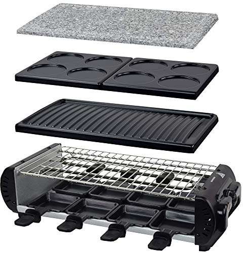 Syntrox Germany Raclette Liestal, 8 Personen, 8 Pfännchen, 4 Grillplatten/heißer Stein, antihaftbeschichtet, 1200W