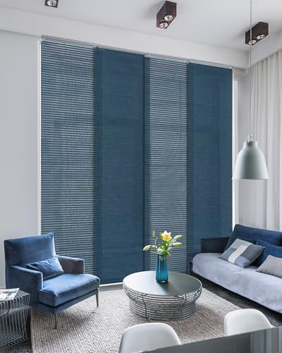 GoDear Design Adjustable Sliding Vertical Blinds for Sliding Glass Doors, Hanging Room Dividers, Extendable Track from 45.8 to 86 W, Trimmable Panel Curtains Up to 96, Semi-Sheer, Blue, Meteor