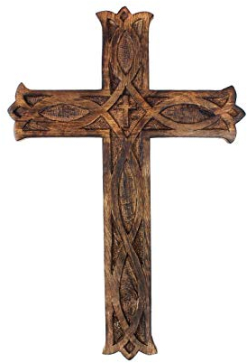 Ajuny Wooden Wall Cross Mango Wood Hand-Carved Celtic Hand Design Christian Wall Hanging Rustic Vintage Religious Catholic Prayer Cross for Church Chapel Living Room Altar or Hallway Décor (12x8 Inch)