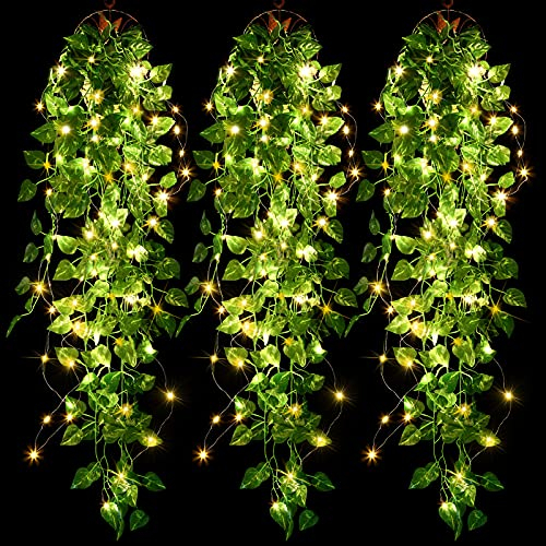 3 Stücke Künstliche Hängende Pflanzen 3,6 ft Gefälschte Efeu Ranke Blätter Hängende Pflanzen Girlande mit 3 Stücke 30 LED Saiten für Wand Garten Hochzeit Girlande Dekoration, Keine Körbe