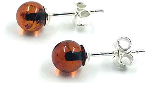 Natural Baltic Amber Sterling Silver Small Ball Stud Earrings ( Brown color)