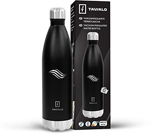 TAVIALO Borraccia Termica 1000 ml in Acciao Inox. Bottiglia Isolata a Doppia Parete senza BPA per Viaggi, Sport e Attività all'aperto. Thermos a Prova di Perdite. Colore Nero.