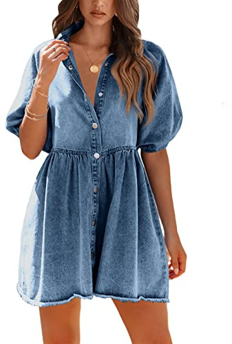 Pepochic Womens Summer Denim Dress Button Down Short Sleeve Babydoll Dress Puff Sleeve Flowy Jean Dress Blue