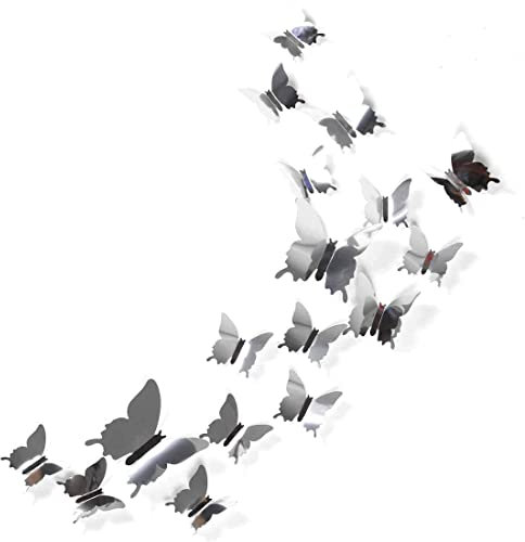 Weddhuis Farfalle Specchio Adesivo Da Parete, 48Pcs 3D Specchio Wall Stickers Home Decoration Adesive Da Parete Combinazione, Adesivi Decorativi Per Casa (d'Argento)