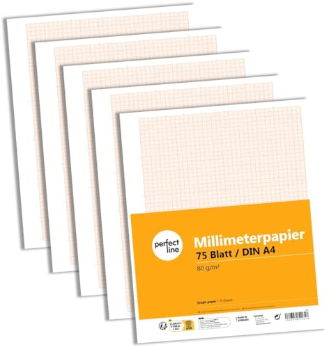 perfect line – 75 Blatt Millimeterpapier DIN-A4 – rote Rasterlinien 1/5/10 mm – 80 g/m² Papier für technische Zeichnungen, Diagramme, für Schule & Büro – lose Blätter – Made in Germany
