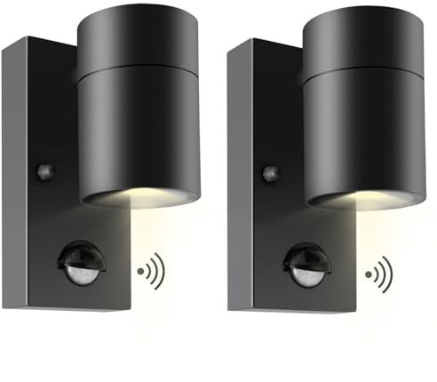 Kerry Outdoor Motion Sensor Wall Lights, Downward Outside Lighting Mains Powered, IP44 Black Stainless Steel Downlight, Exterior PIR Detector Security Fixture for Front Door, Porch, Garden - 2 Pack