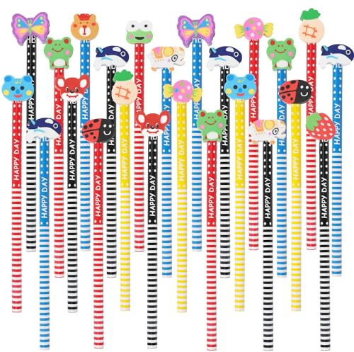 VEYLIN 24 Pieces Pencils with Rubbers Fun Wooden Pencils Set for Kids Party Bag Pencils Class Gifts School Supplies