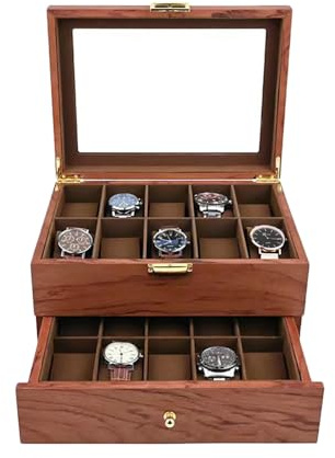 soudesileim Klocklåda med 20 fack, klockförvaringslåda trä med transparent lock, 29 x 21,5 x 16 cm, smyckeskrin för flickor, för klockor och smycken, gåva