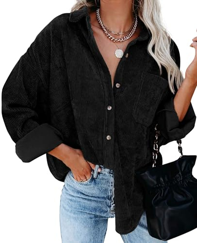 QIXING Womens Corduroy Oversized Shacket Button Down Boyfriend Shirts V Neck Cotton Long Sleeve Blouses with Pocket Casual Work Jacket for Women UK Ladies Tops Autumn Winter