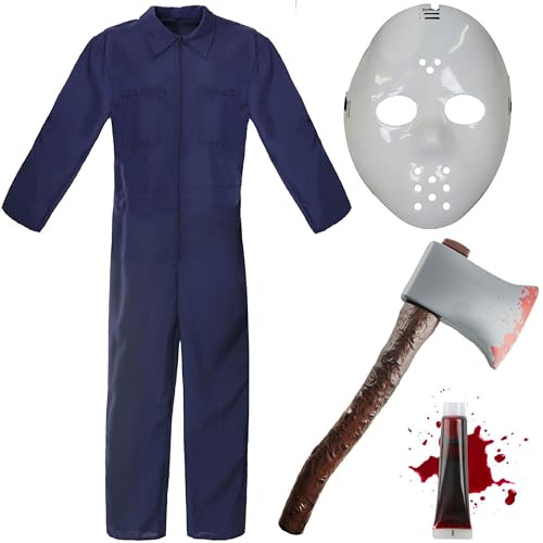 Jason-Kostüm für Erwachsene, Größe XXL, marineblauer Boileranzug, weiße Hockey-Maske, Kunststoffaxt und Kunstblut, Halloween-Kostüm, TV-Film-Kostüm für Erwachsene