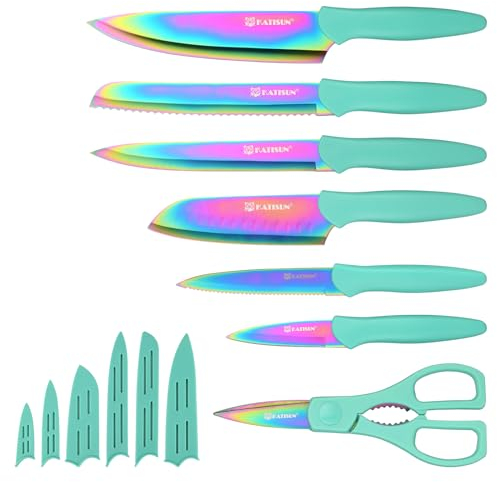 KATISUN Messerset 7-teilig, Regenbogenfarben, Deutscher Stahl 1.4028, Kunststoffgriffe, langlebig und superscharf