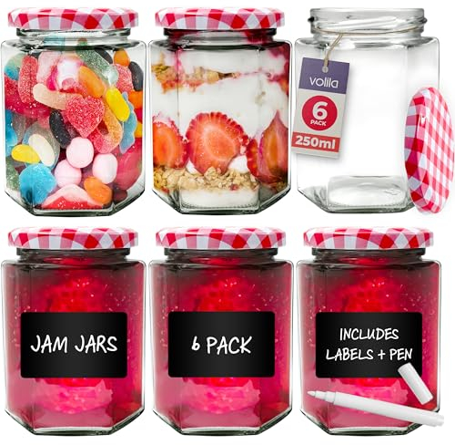 volila Jam Jars with Lids 250ml – 6 Pack Hexagonal Small Jars with Red Gingham Screw Top Lids – Airtight Glass Jars with Lids for Homemade Jam, Marmalade, and Chutney - Glass Jars with Lids