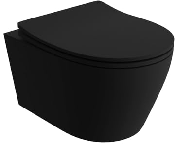 LAVITA Wand-WC Praia Black Hänge Toilett WC Sitz Toilettendeckel mit Absenkautomatik & Metallscharniere Toiletten Spülrandlos Hängend Toilettenbecken 360x480x375 mm Schwarz