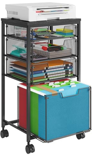 Sbanmao Carrito de archivos rodante con 4 cajones de almacenamiento, archivador para oficina en casa, organizador de carpetas colgantes con ruedas debajo del escritorio, soporte de impresora para