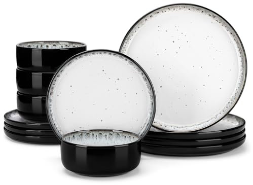 vancasso PLAYA - Juego de platos y cuencos, juego de vajilla de cerámica de 12 piezas, juego de vajilla moderna para 4 personas, apto para lavavajillas y microondas, color blanco lechoso