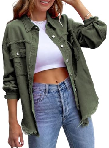 HzDazrl Chaqueta de mezclilla desgastada para mujer, manga larga, con botones, casual, estilo novio, chaqueta de camionero, Ejercito Verde, M
