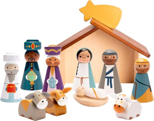 Die Spiegelburg Holzkrippe - Winterzauber im Weihnachtswald für Kinder, 10 Figuren, Maße: Stall 16,5 x 16 x 8,5 cm